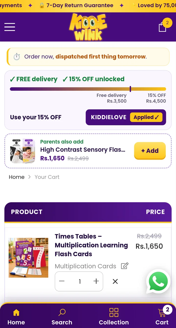 KiddieWink cart: Progress bar, auto discount and add-on