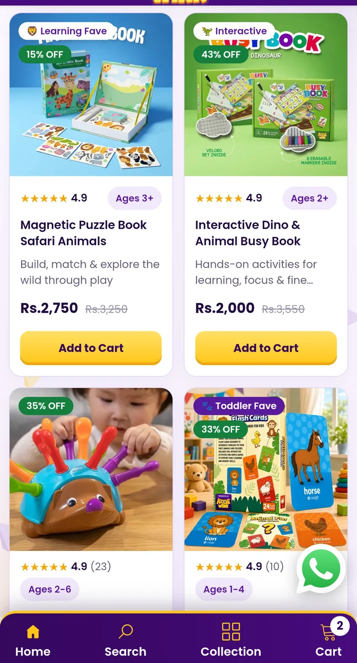 KiddieWink collection page: Product cards that sell